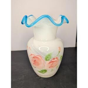 Decorative White Glass Vase with Blue Ruffled Edge and Floral Design